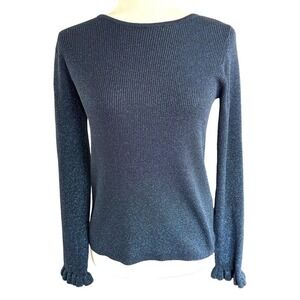 Wyse London Women's Top Blue Metallic Ruffle Edged Sleeves Sz 2 Long Sleeve